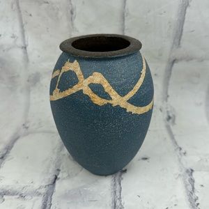 Studio Pottery Vase Artist Signed by "Torn" Blue with Beige Line Design